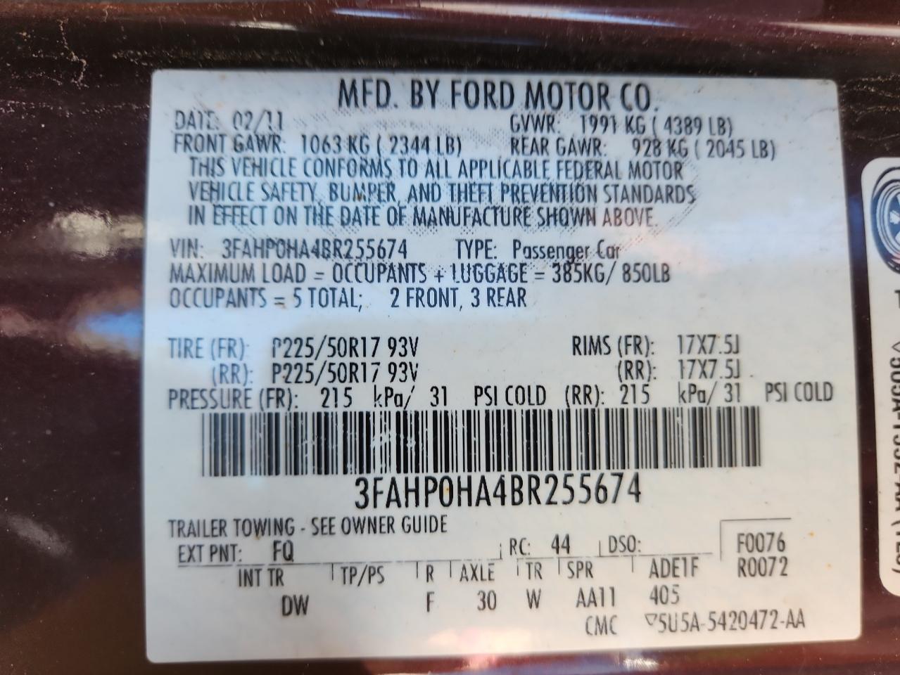 2011 Ford Fusion Se VIN: 3FAHP0HA4BR255674 Lot: 89445165