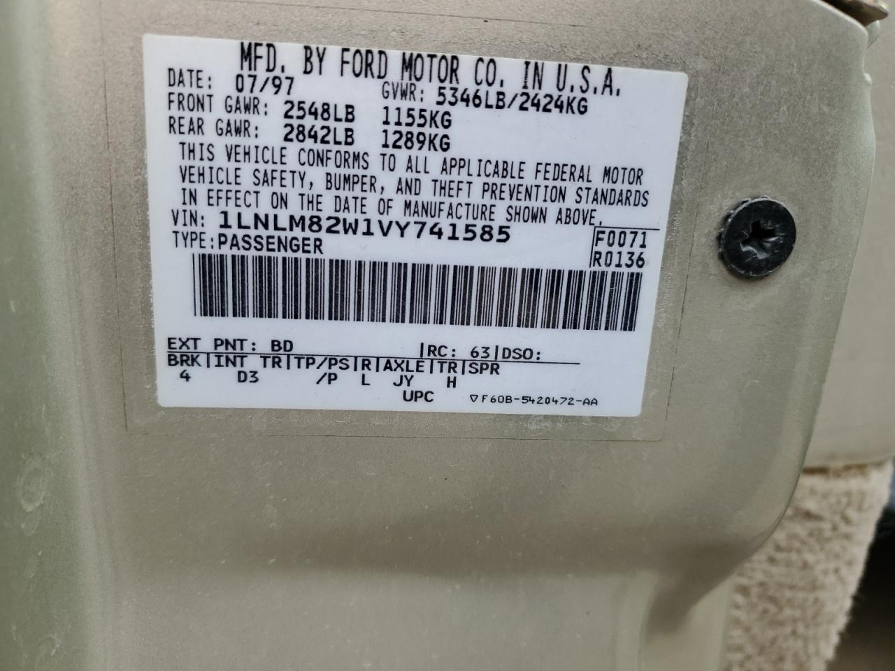 1997 Lincoln Town Car Signature VIN: 1LNLM82W1VY741585 Lot: 85915905