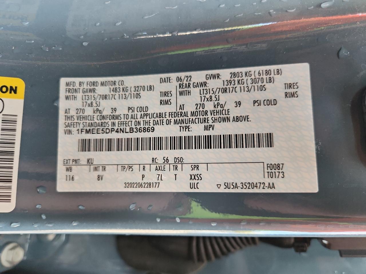 2022 Ford Bronco Base VIN: 1FMEE5DP4NLB36869 Lot: 84987575