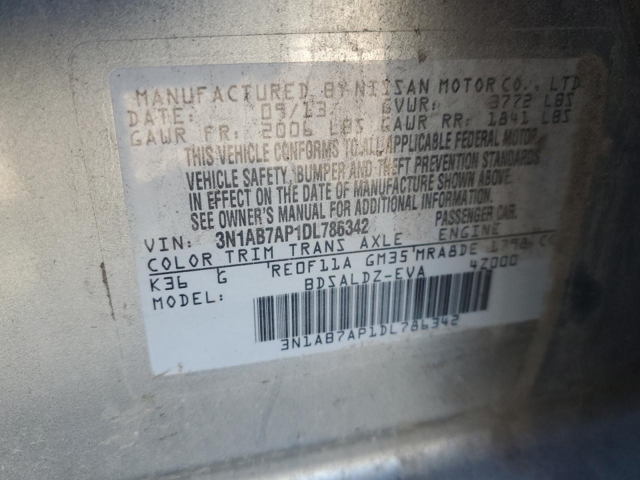 2013 Nissan Sentra S VIN: 3N1AB7AP1DL786342 Lot: 82337695