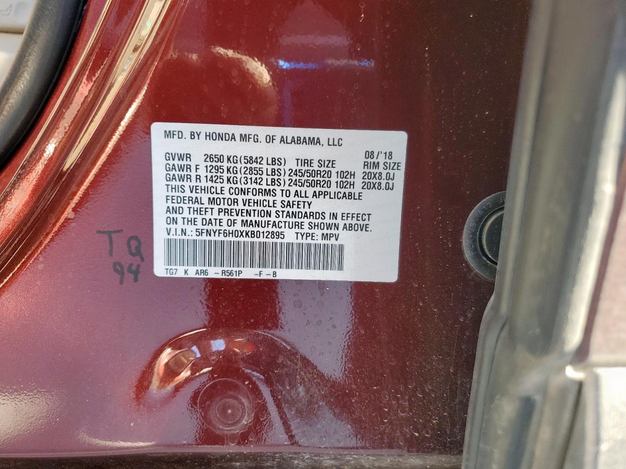 2019 Honda Pilot Elite VIN: 5FNYF6H0XKB012895 Lot: 86055855