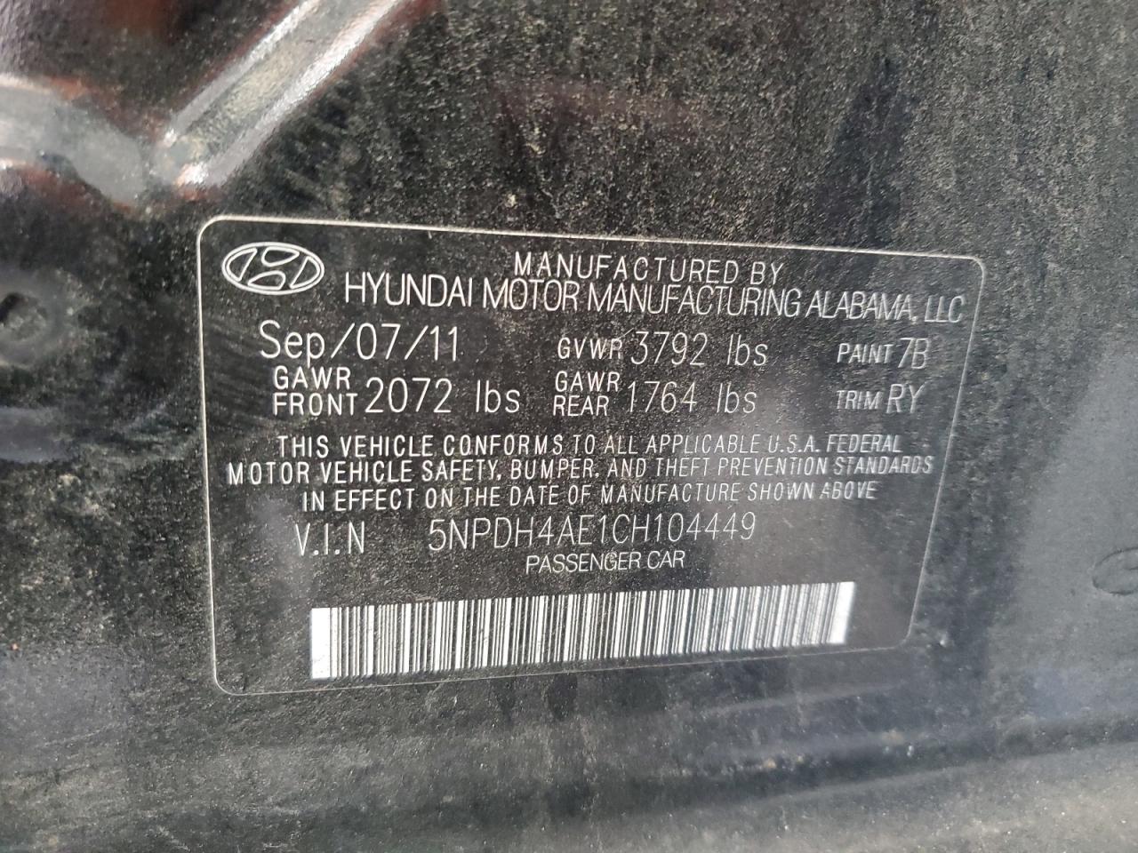 2012 Hyundai Elantra Gls VIN: 5NPDH4AE1CH104449 Lot: 87180785