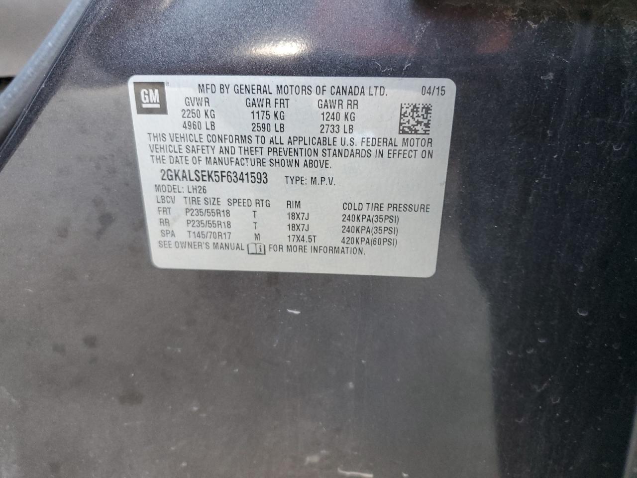 2015 GMC Terrain Slt VIN: 2GKALSEK5F6341593 Lot: 82353225