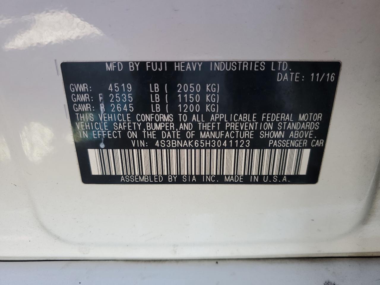 2017 Subaru Legacy 2.5I Limited VIN: 4S3BNAK65H3041123 Lot: 90242935