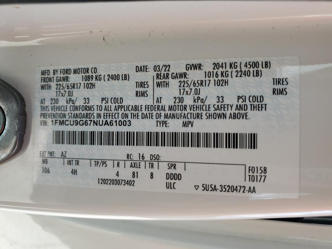 2022 Ford Escape Se VIN: 1FMCU9G67NUA61003 Lot: 83982595