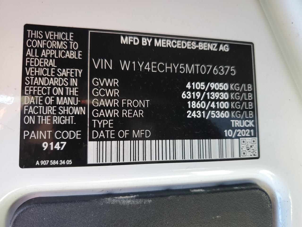 2021 Mercedes-Benz Sprinter 2500 VIN: W1Y4ECHY5MT076375 Lot: 82174375