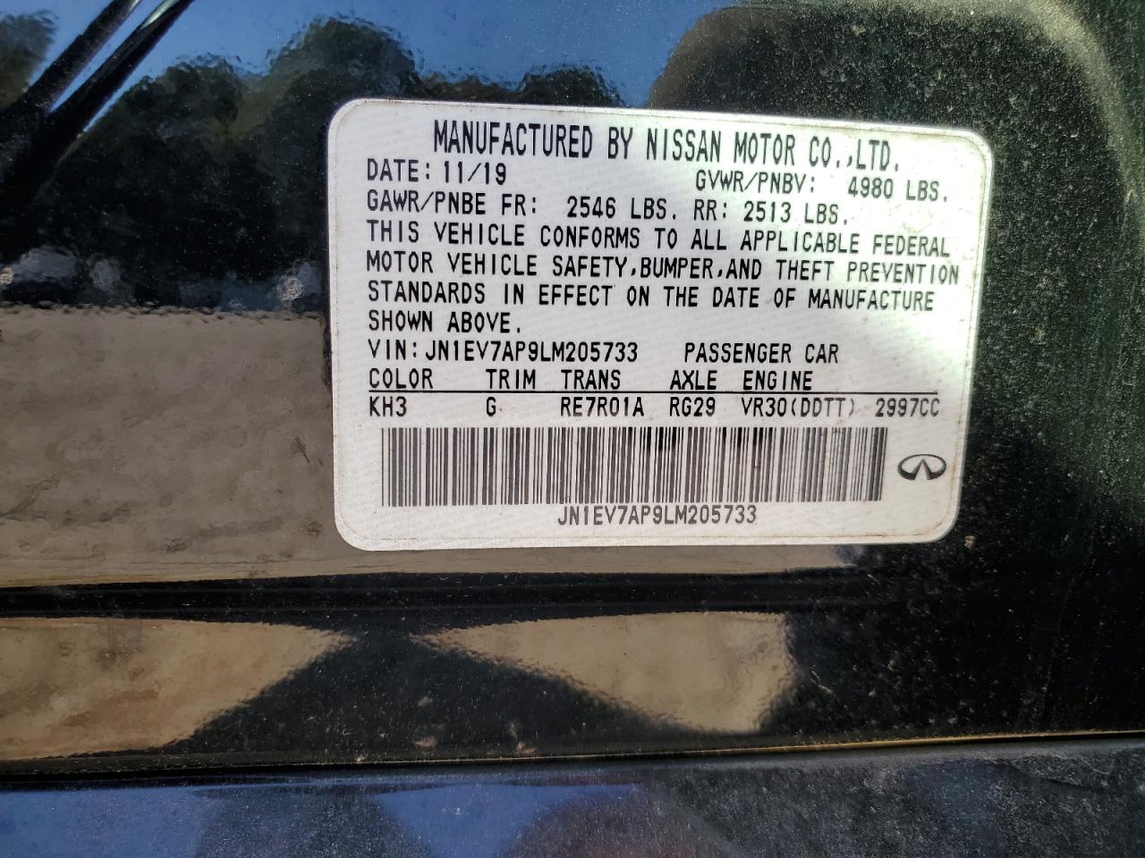 2020 Infiniti Q50 Pure VIN: JN1EV7AP9LM205733 Lot: 86065185