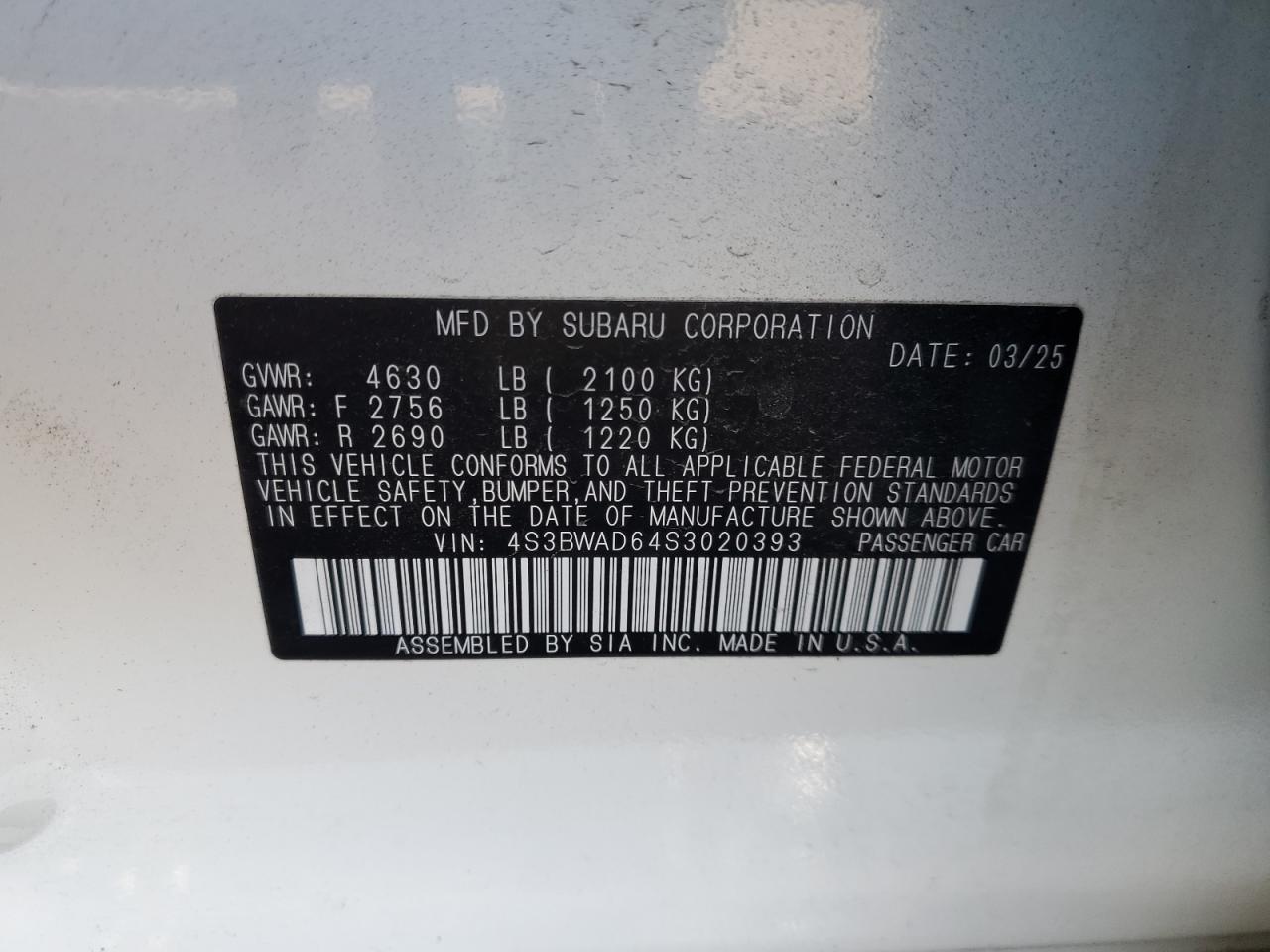 2025 Subaru Legacy Premium VIN: 4S3BWAD64S3020393 Lot: 84935695