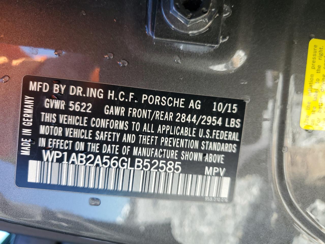 2016 Porsche Macan S VIN: WP1AB2A56GLB52585 Lot: 89839575