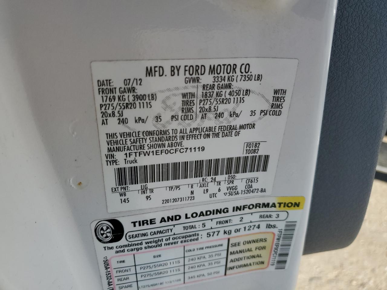 2012 Ford F150 Supercrew VIN: 1FTFW1EF0CFC71119 Lot: 82553275