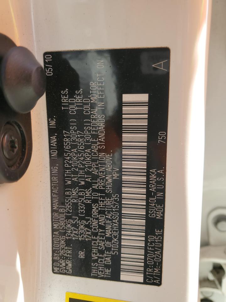 2010 Toyota Highlander VIN: 5TDZK3EHXAS015735 Lot: 85875335