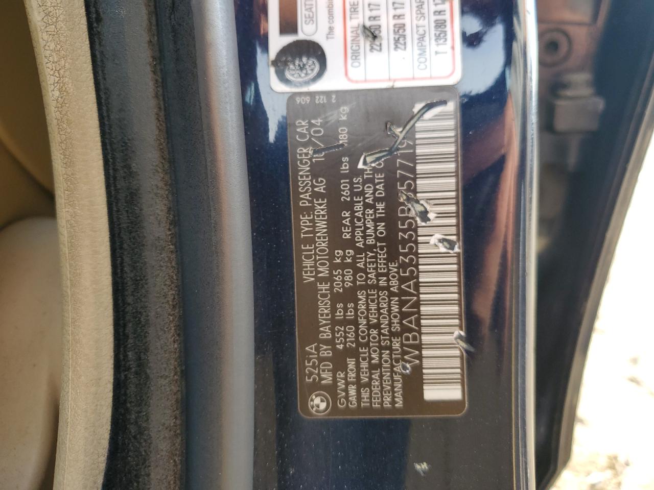 2005 BMW 525 I VIN: WBANA53535B857719 Lot: 90422815