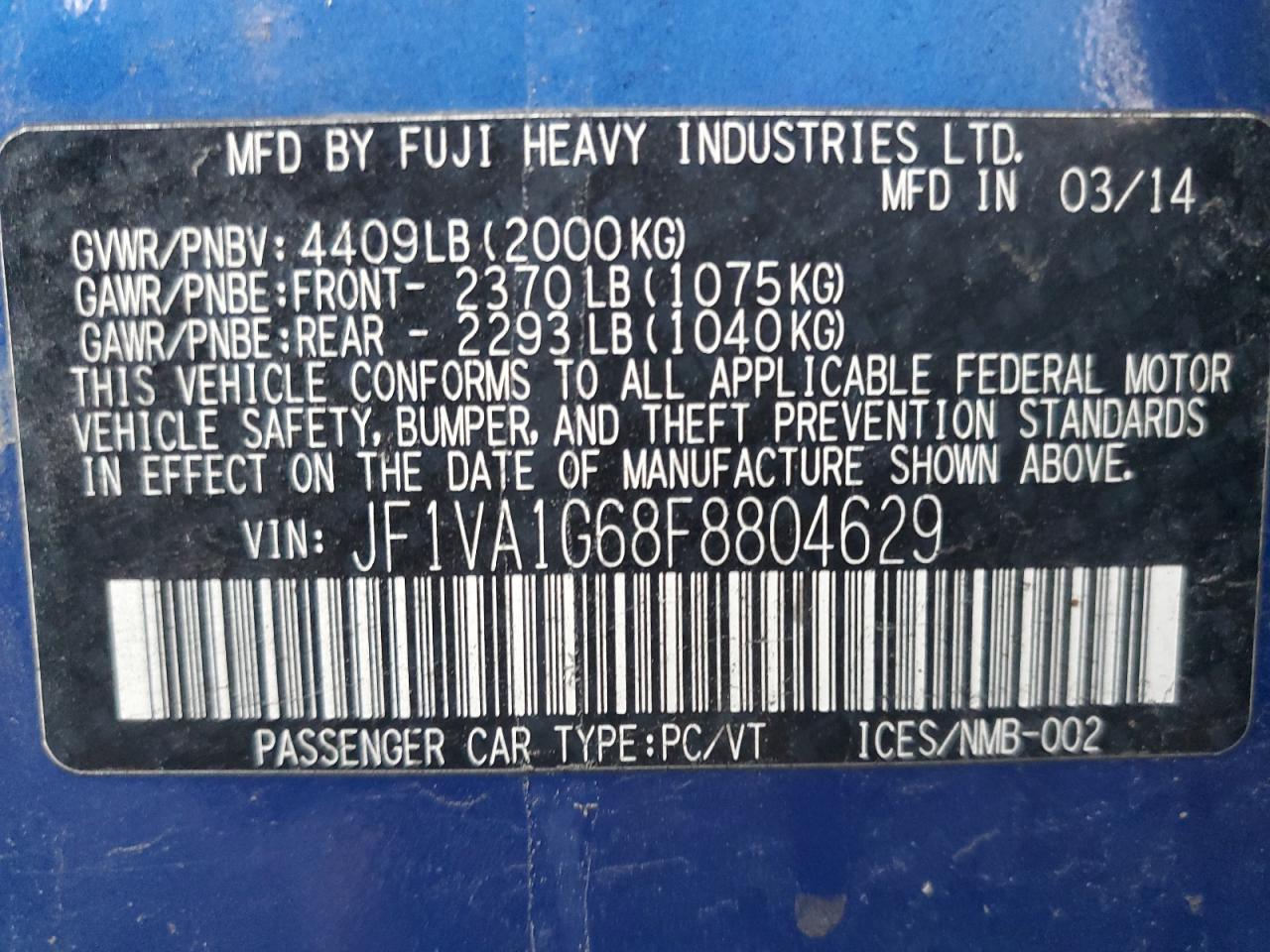 2015 Subaru Wrx Limited VIN: JF1VA1G68F8804629 Lot: 85484485