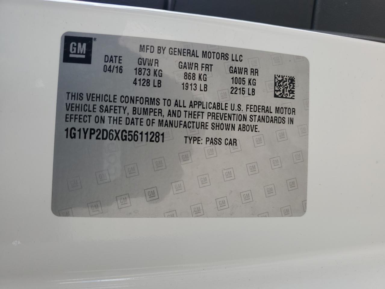 2016 Chevrolet Corvette Z06 1Lz VIN: 1G1YP2D6XG5611281 Lot: 85404295