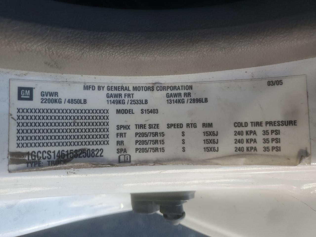 2005 Chevrolet Colorado VIN: 1GCCS146158250822 Lot: 82239545