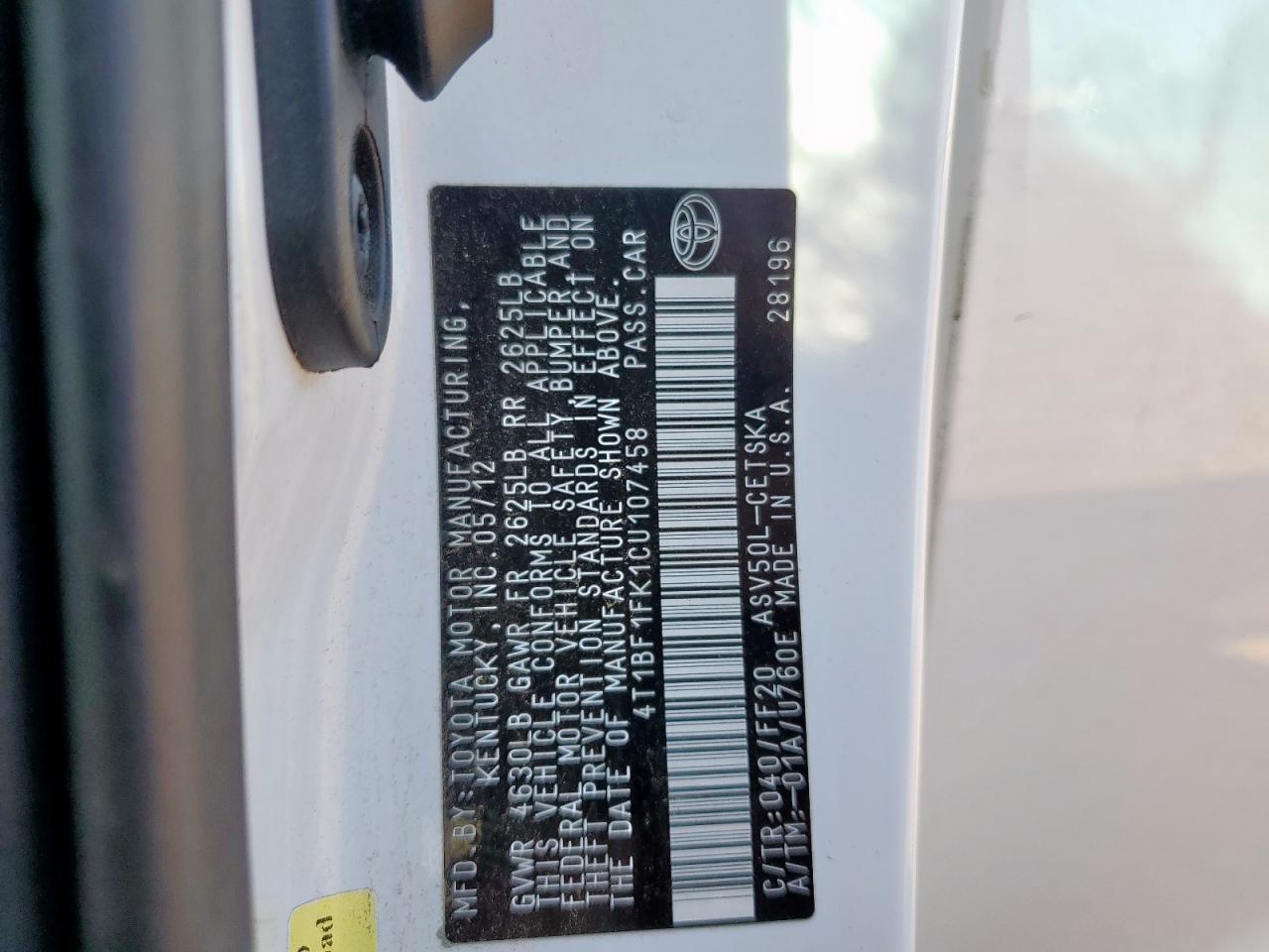 2012 Toyota Camry Base VIN: 4T1BF1FK1CU107458 Lot: 84871285