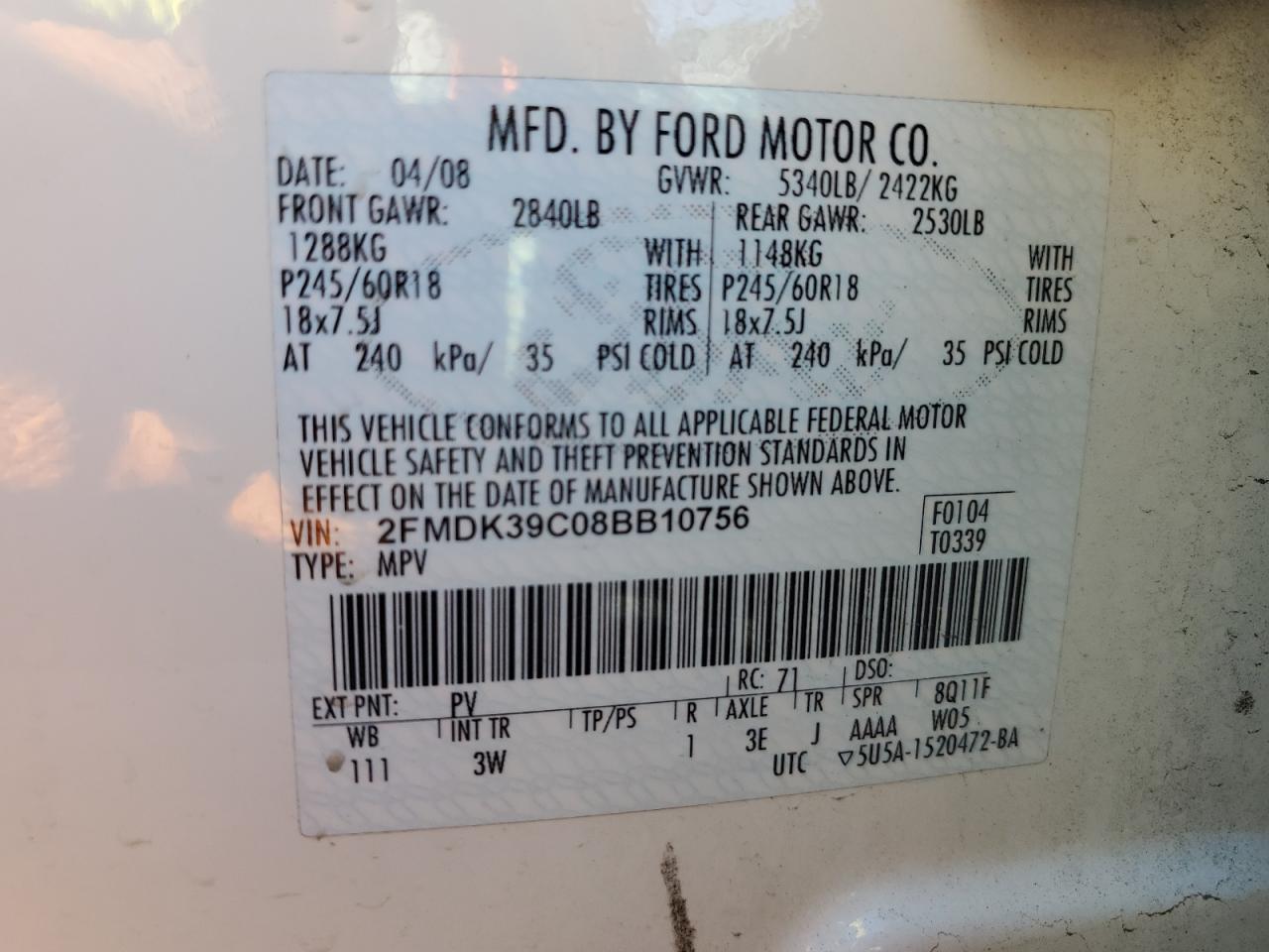 2008 Ford Edge Limited VIN: 2FMDK39C08BB10756 Lot: 87114225