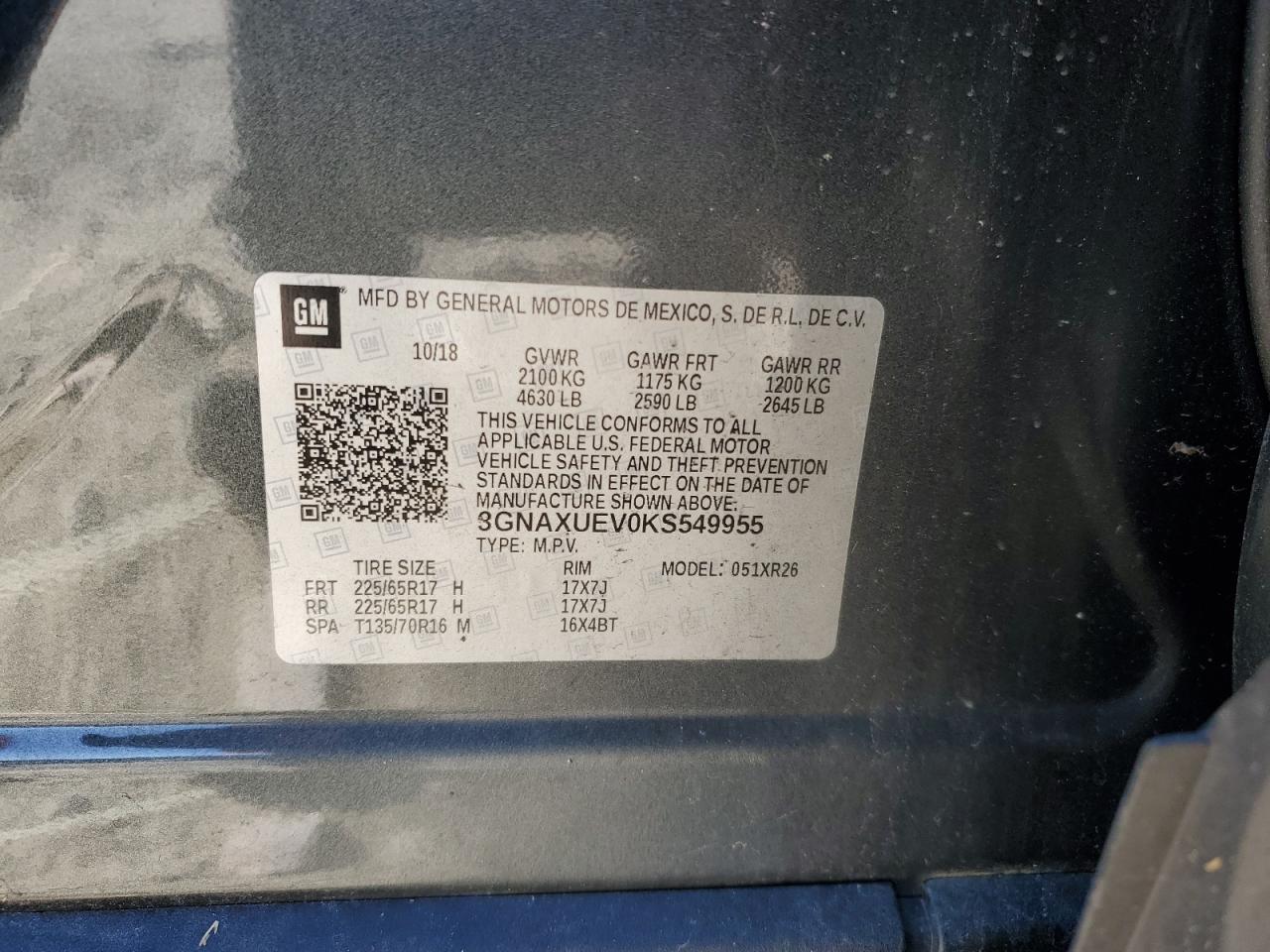 2019 Chevrolet Equinox Lt VIN: 3GNAXUEV0KS549955 Lot: 86142495