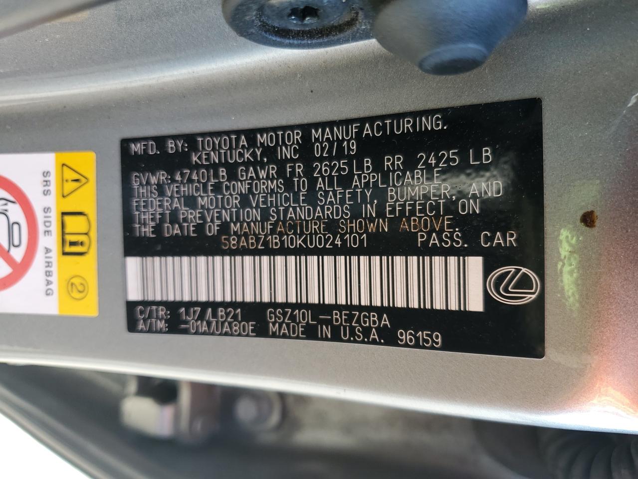 2019 Lexus Es 350 VIN: 58ABZ1B10KU024101 Lot: 86167265