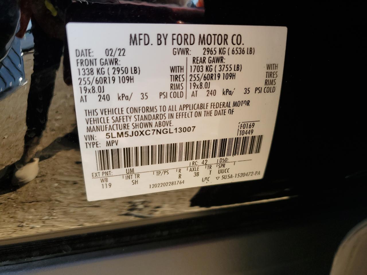 2022 Lincoln Aviator VIN: 5LM5J0XC7NGL13007 Lot: 85109415