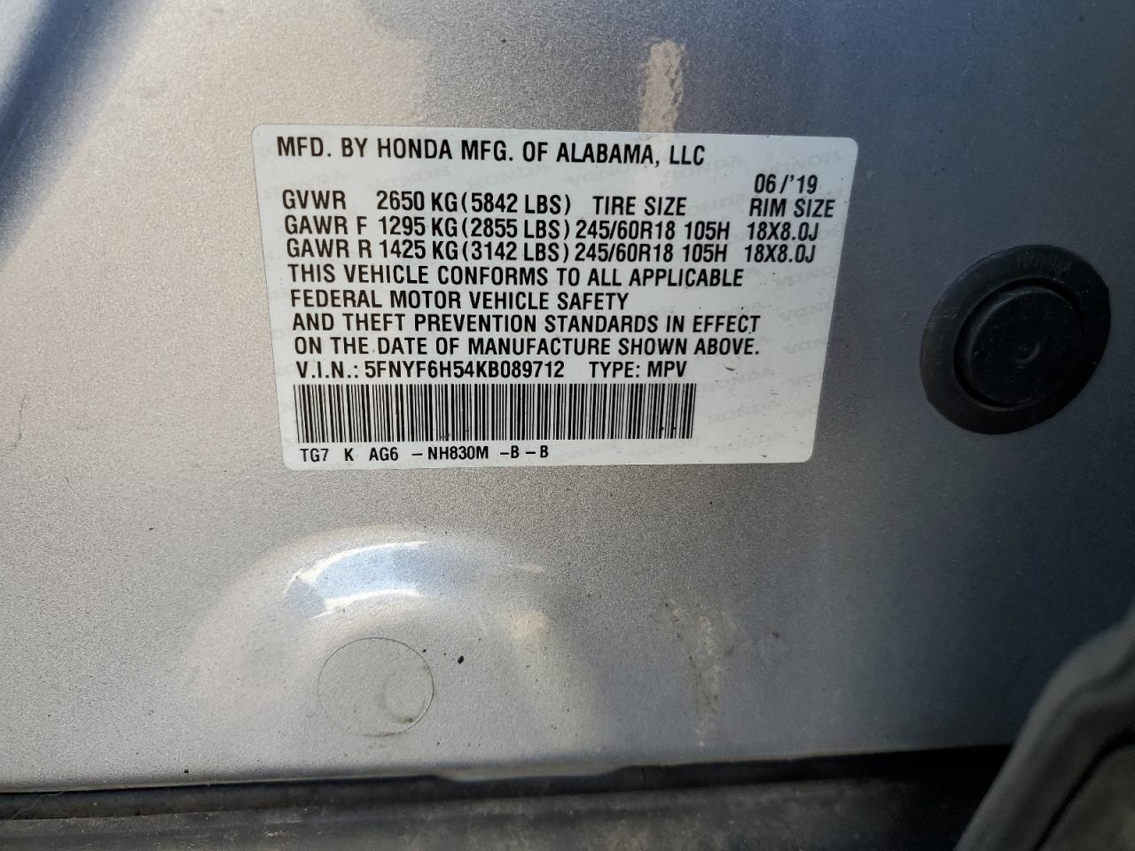 2019 Honda Pilot Exl VIN: 5FNYF6H54KB089712 Lot: 84955815