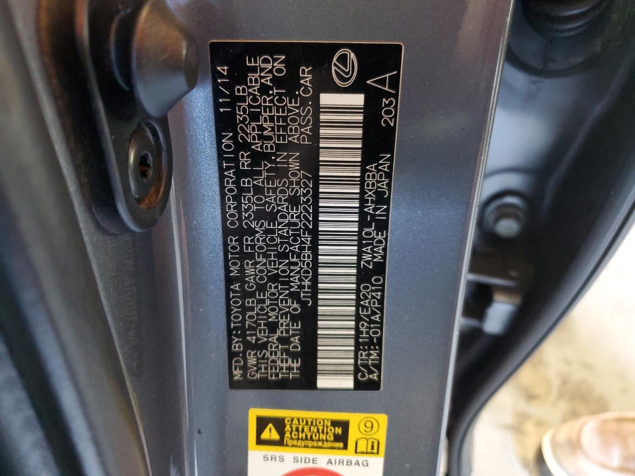 2015 Lexus Ct 200 VIN: JTHKD5BH4F2223327 Lot: 85114005