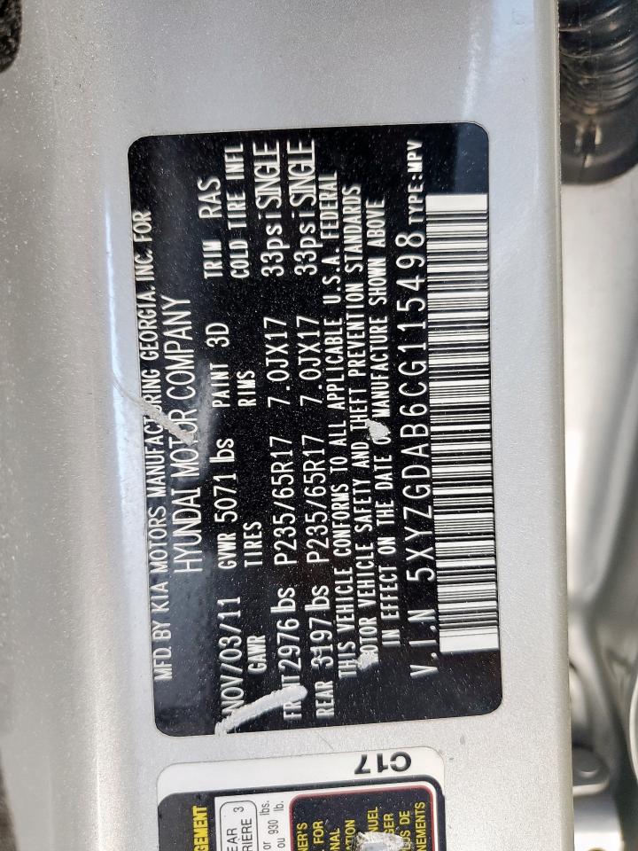 2012 Hyundai Santa Fe Gls VIN: 5XYZGDAB6CG115498 Lot: 82282945