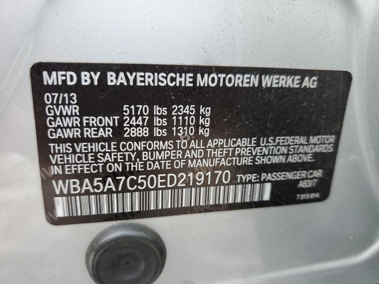 2014 BMW 528 Xi VIN: WBA5A7C50ED219170 Lot: 86819105