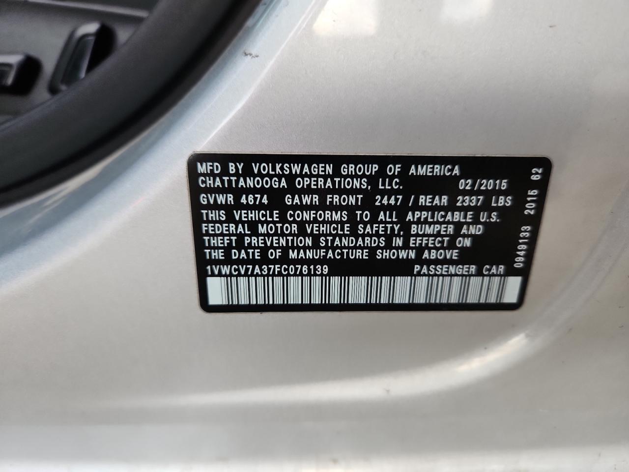 2015 Volkswagen Passat Sel VIN: 1VWCV7A37FC076139 Lot: 85290545