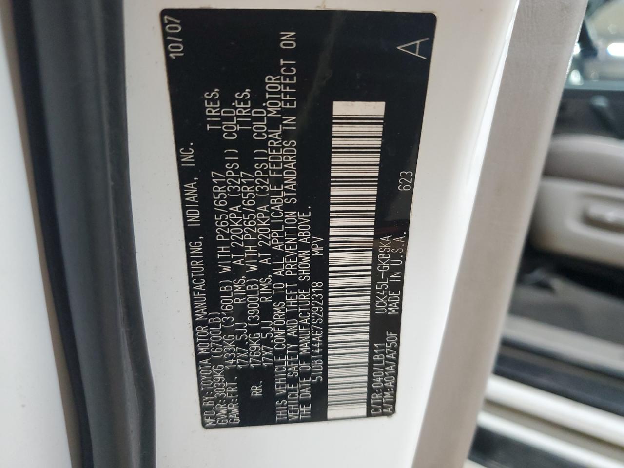 2007 Toyota Sequoia Sr5 VIN: 5TDBT44A67S292318 Lot: 90794025