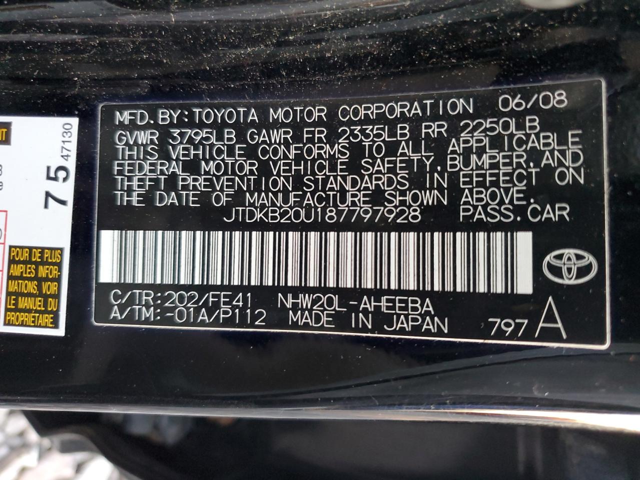 2008 Toyota Prius VIN: JTDKB20U187797928 Lot: 86326635