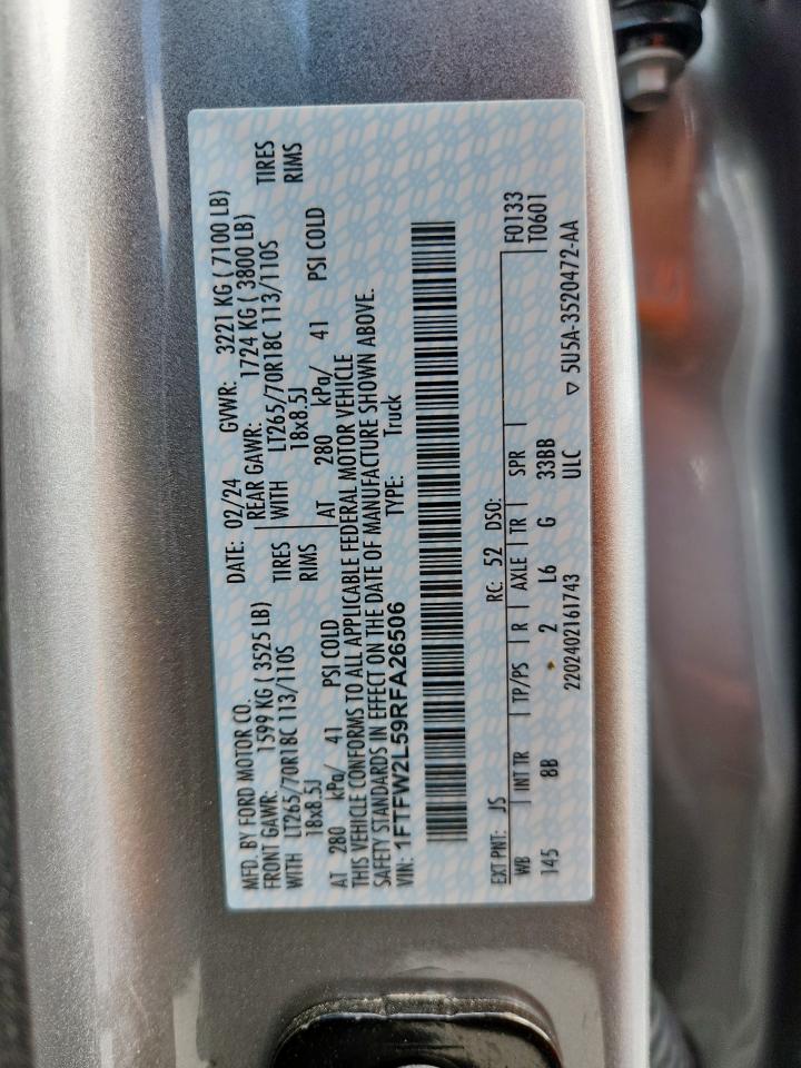 2024 Ford F150 Stx VIN: 1FTFW2L59RFA26506 Lot: 90145635