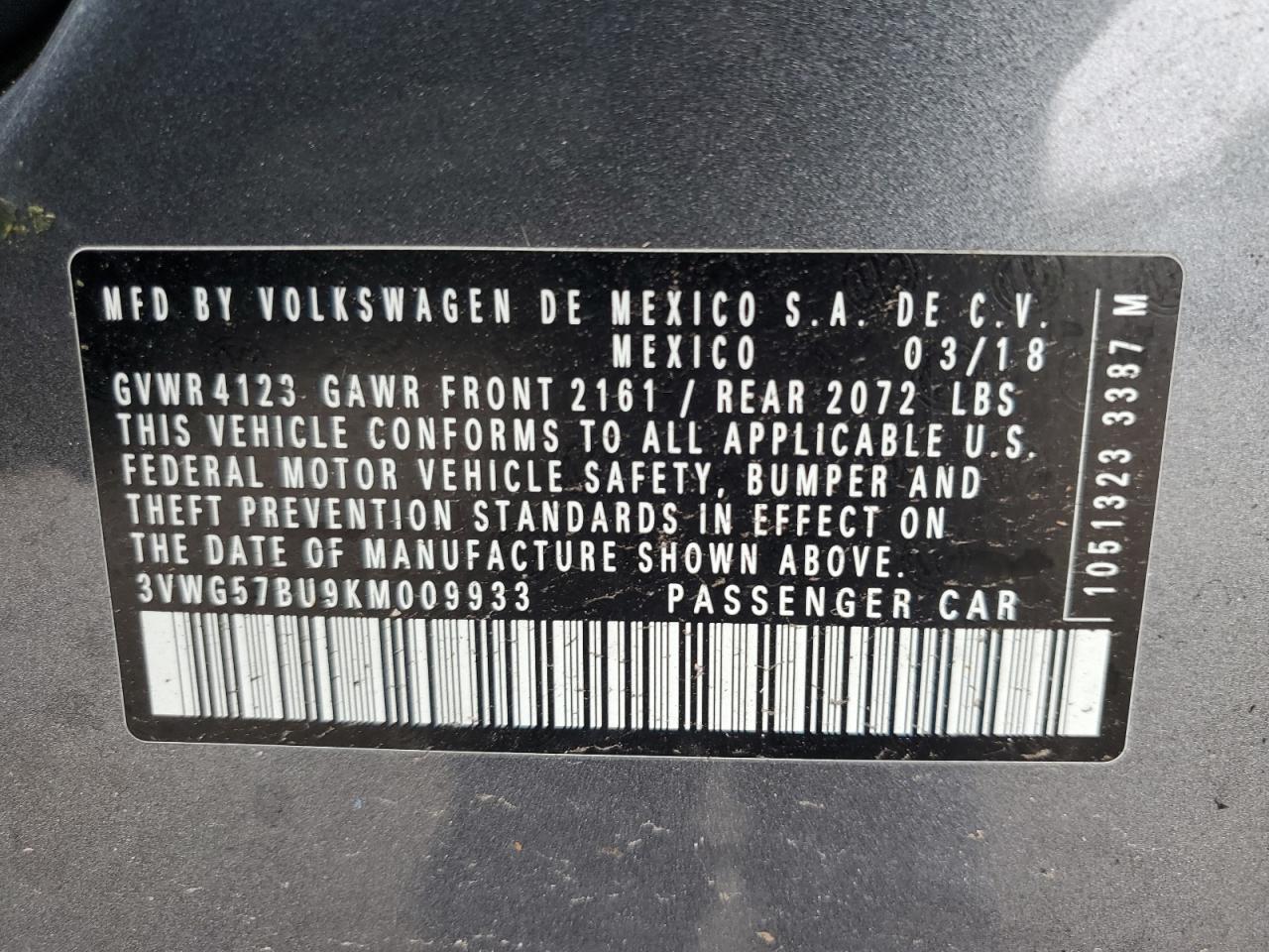 2019 Volkswagen Jetta Sel Premium VIN: 3VWG57BU9KM009933 Lot: 86338485