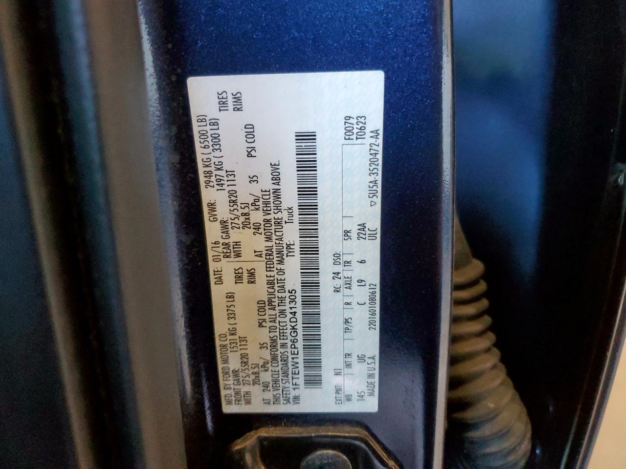 2016 Ford F150 Supercrew VIN: 1FTEW1EP6GKD41305 Lot: 85852535