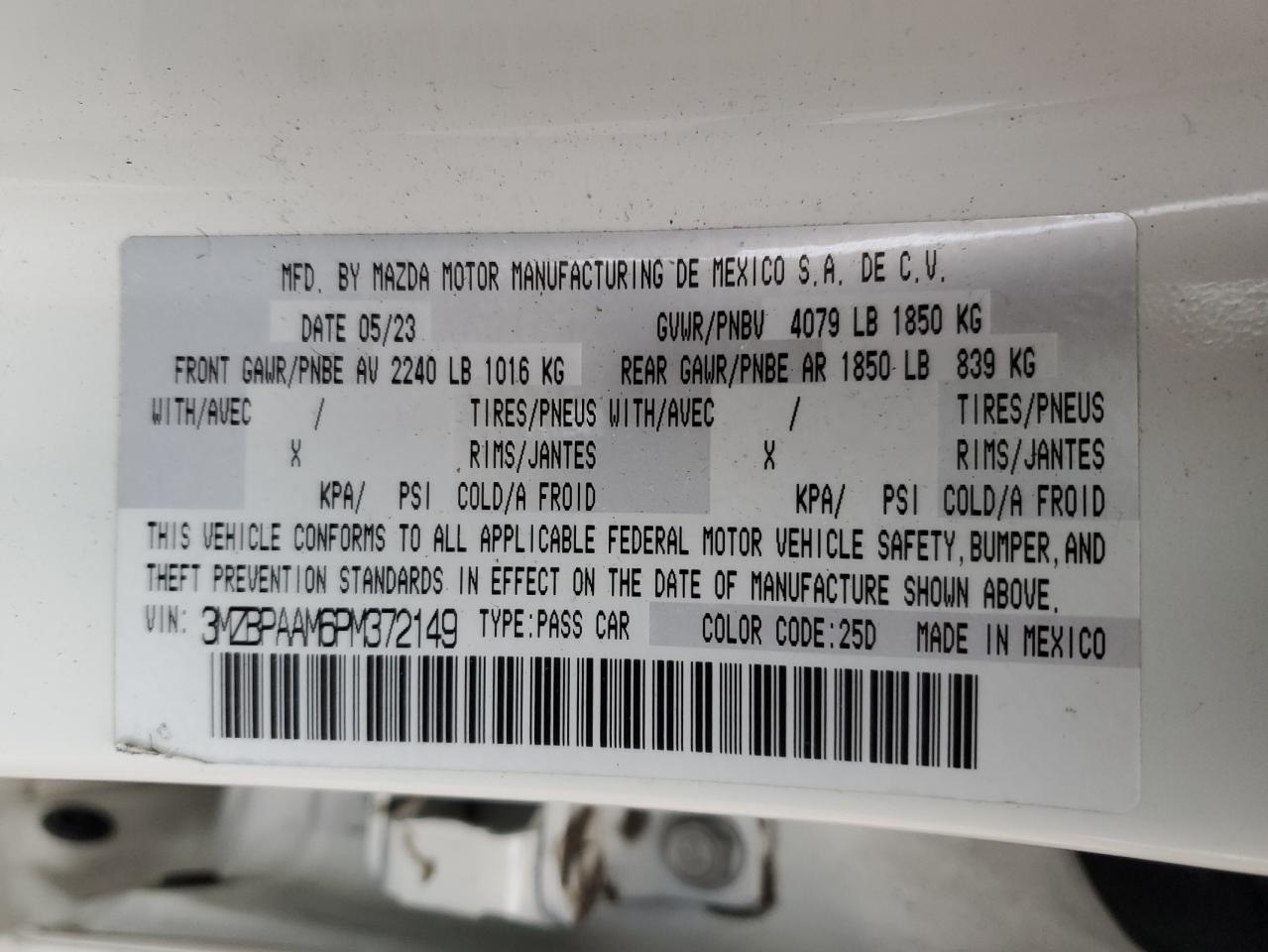 2023 Mazda 3 VIN: 3MZBPAAM6PM372149 Lot: 90217755