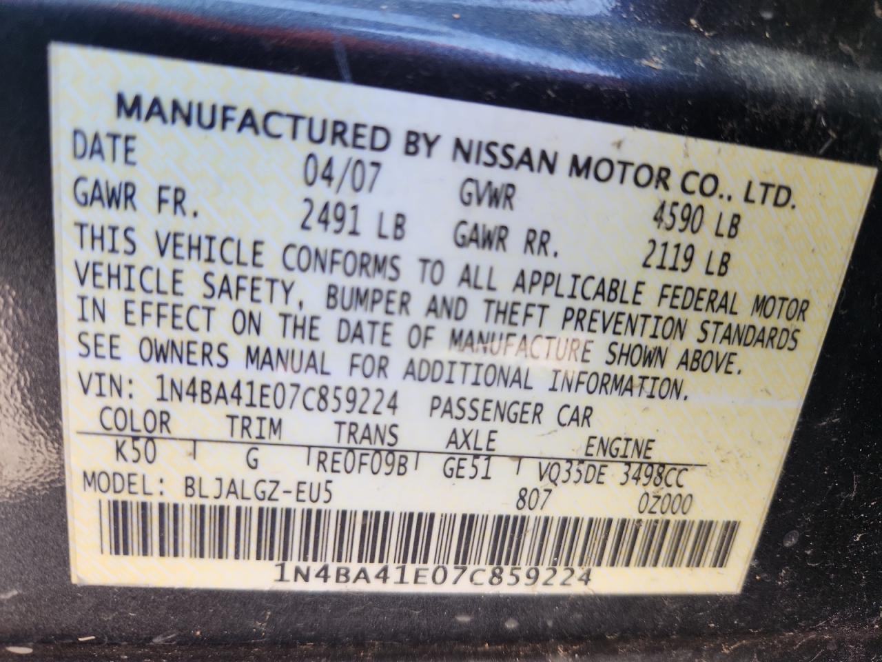 2008 Nissan Maxima Se VIN: 1N4BA41E07C859224 Lot: 87437015