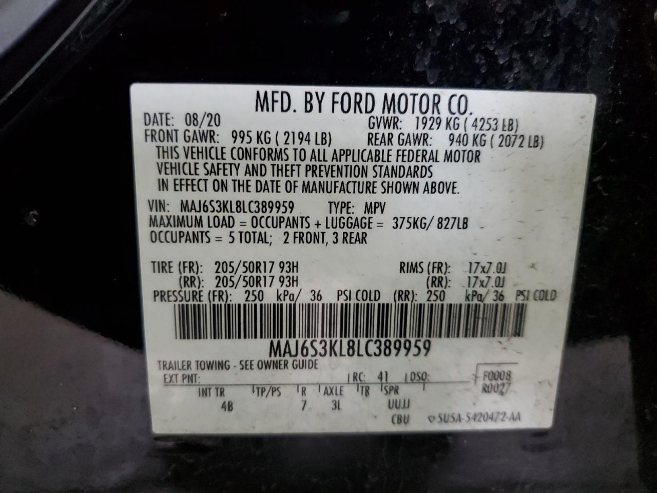 2020 Ford Ecosport Titanium VIN: MAJ6S3KL8LC389959 Lot: 89549735