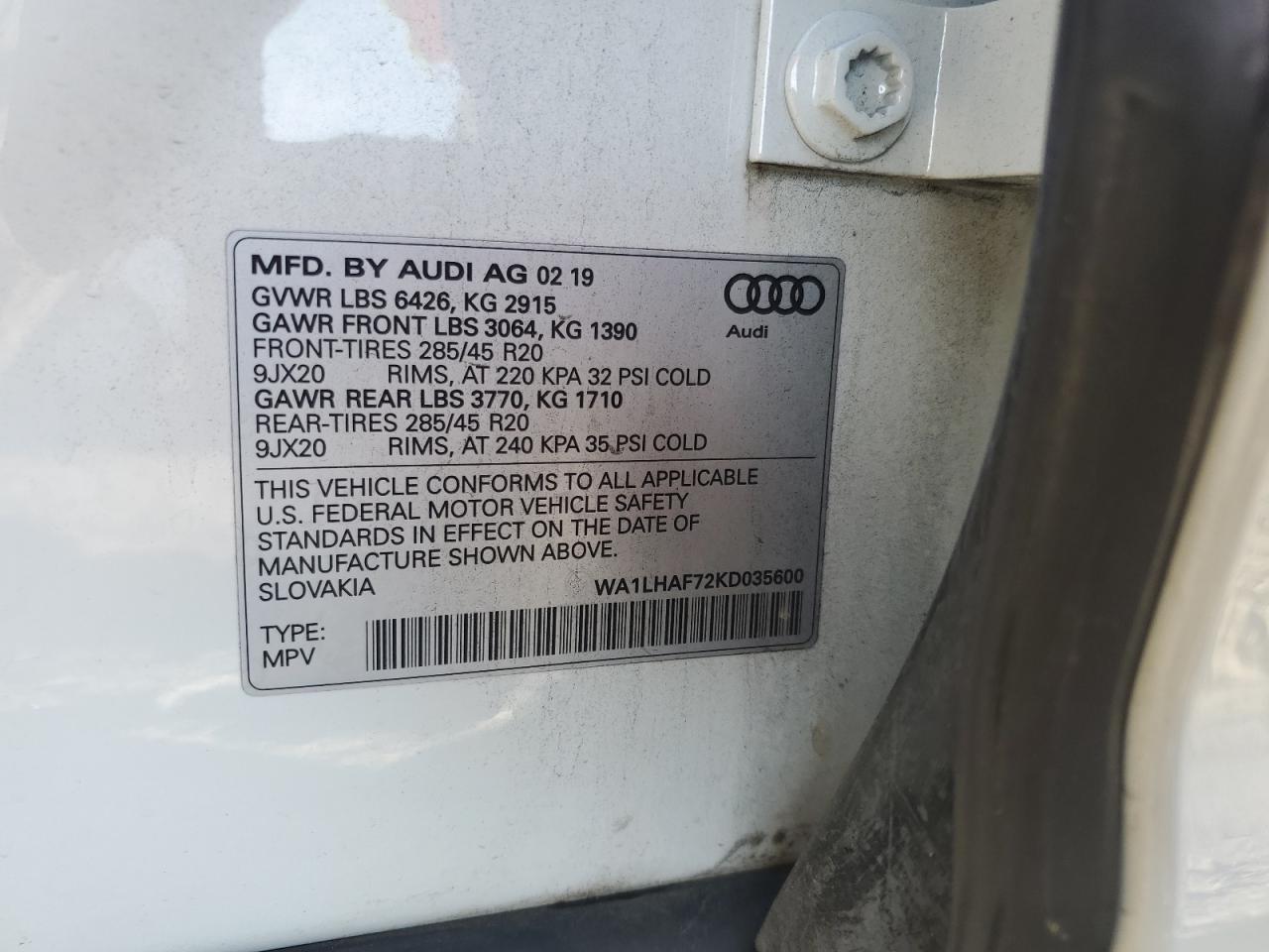 2019 Audi Q7 Premium Plus VIN: WA1LHAF72KD035600 Lot: 82570285