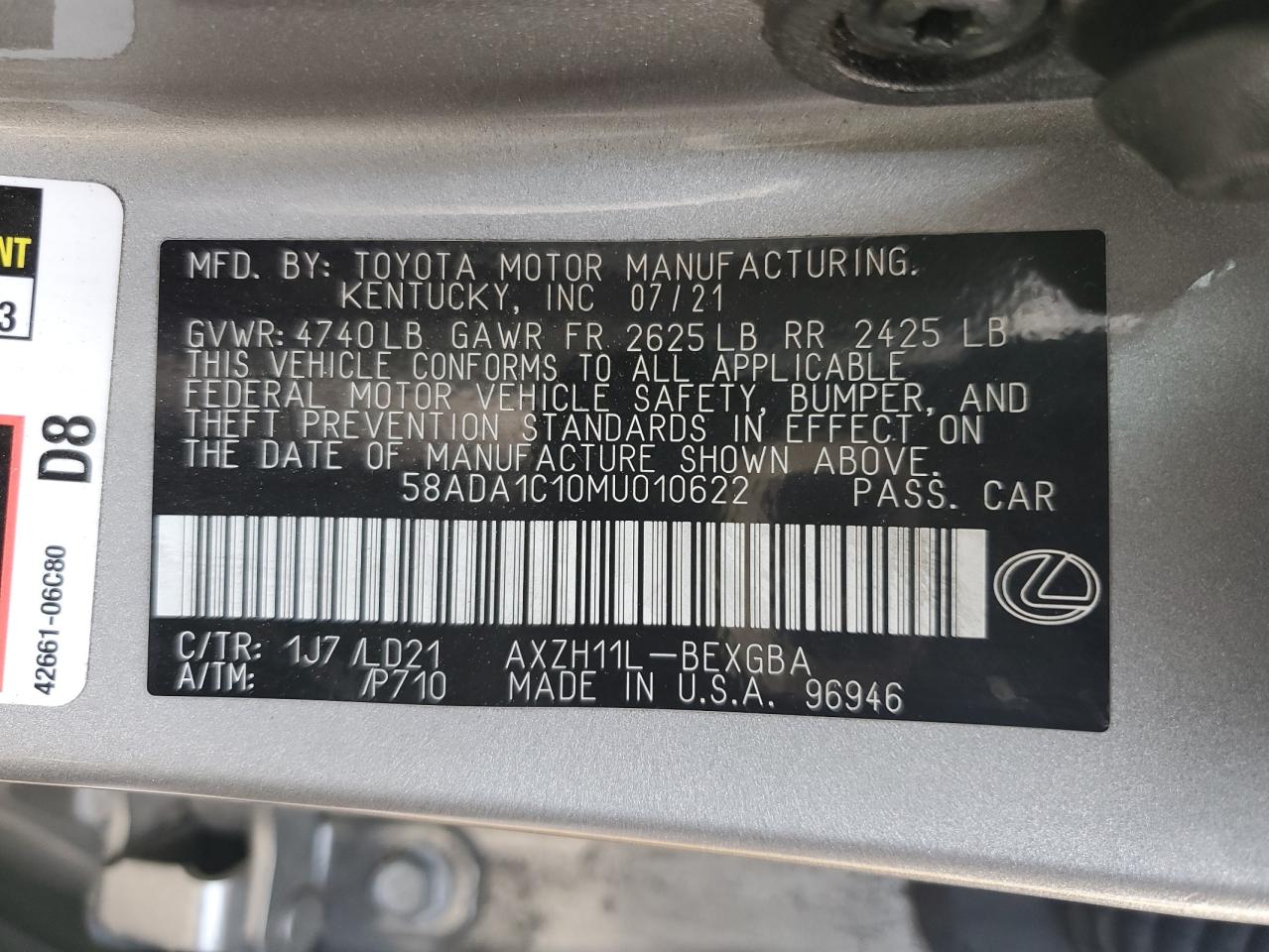 2021 Lexus Es 300H VIN: 58ADA1C10MU010622 Lot: 85316505