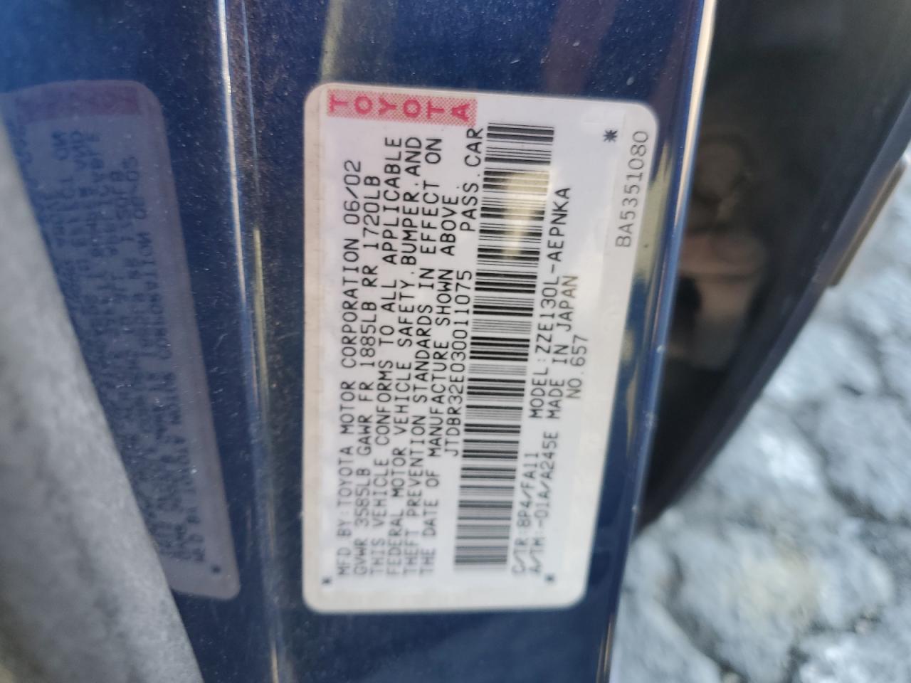 2003 Toyota Corolla Ce VIN: JTDBR32E030011075 Lot: 89577625