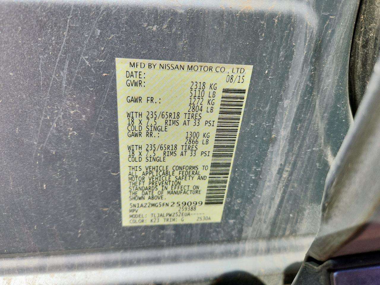 2015 Nissan Murano S VIN: 5N1AZ2MG5FN259099 Lot: 84974325