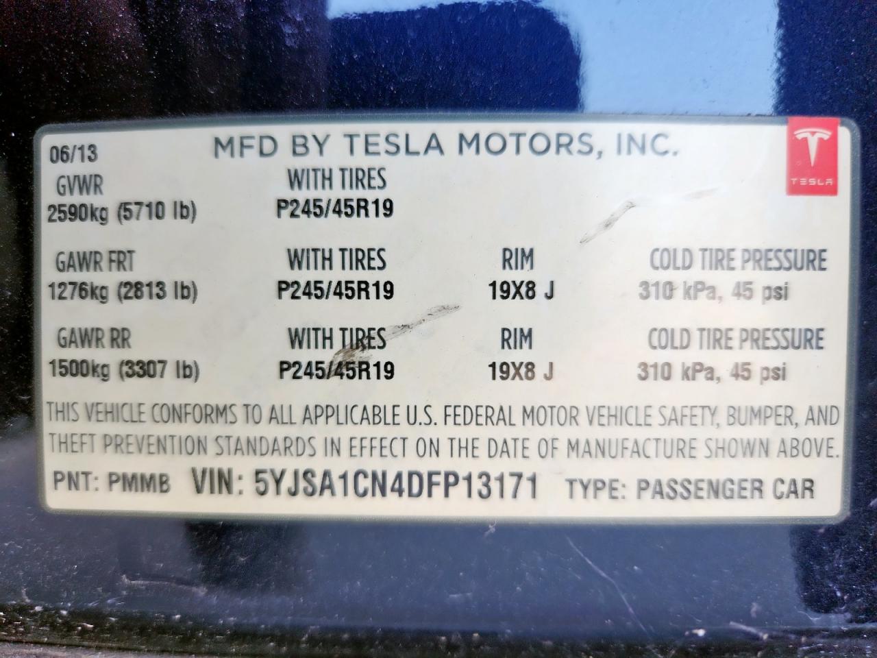 2013 Tesla Model S VIN: 5YJSA1CN4DFP13171 Lot: 84973345