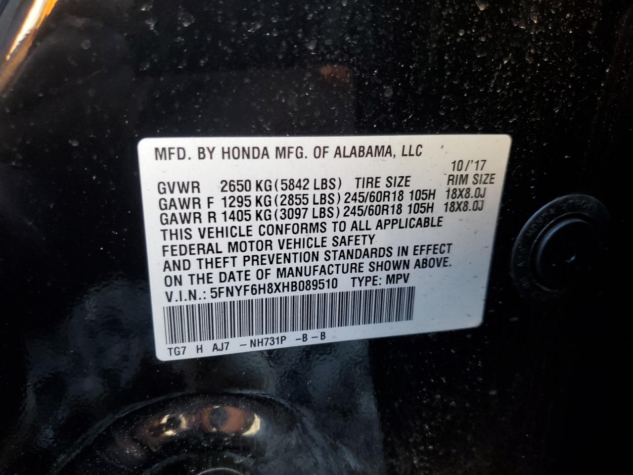 2017 Honda Pilot Exl VIN: 5FNYF6H8XHB089510 Lot: 84879065