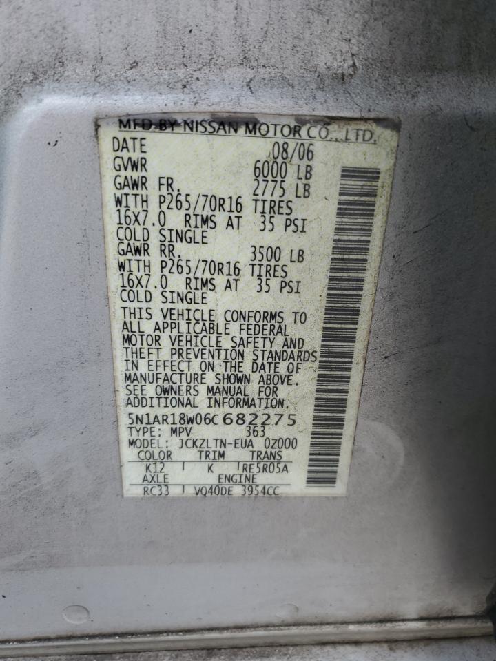 2006 Nissan Pathfinder Le VIN: 5N1AR18W06C682275 Lot: 85141185
