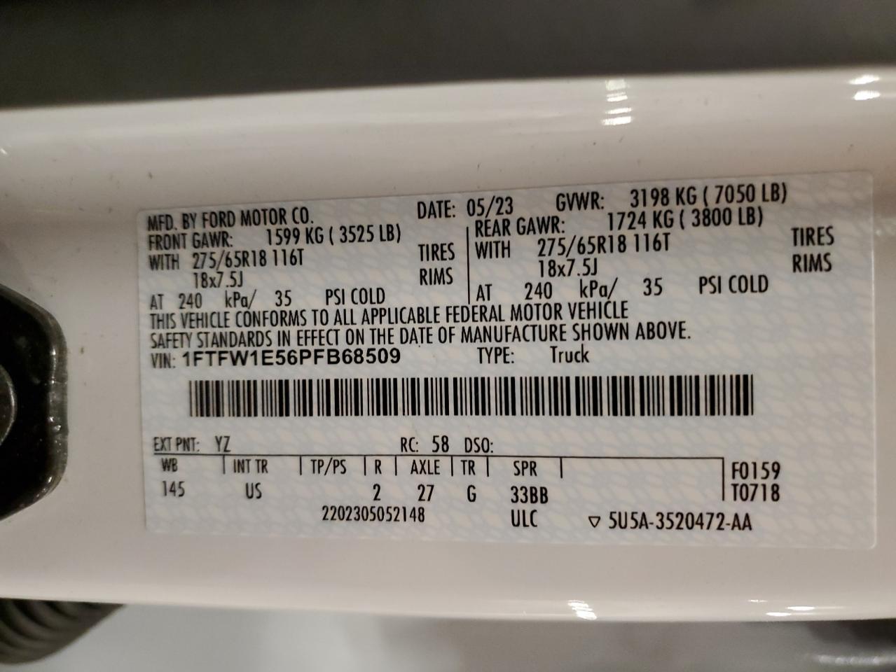 2023 Ford F150 Supercrew VIN: 1FTFW1E56PFB68509 Lot: 86426955