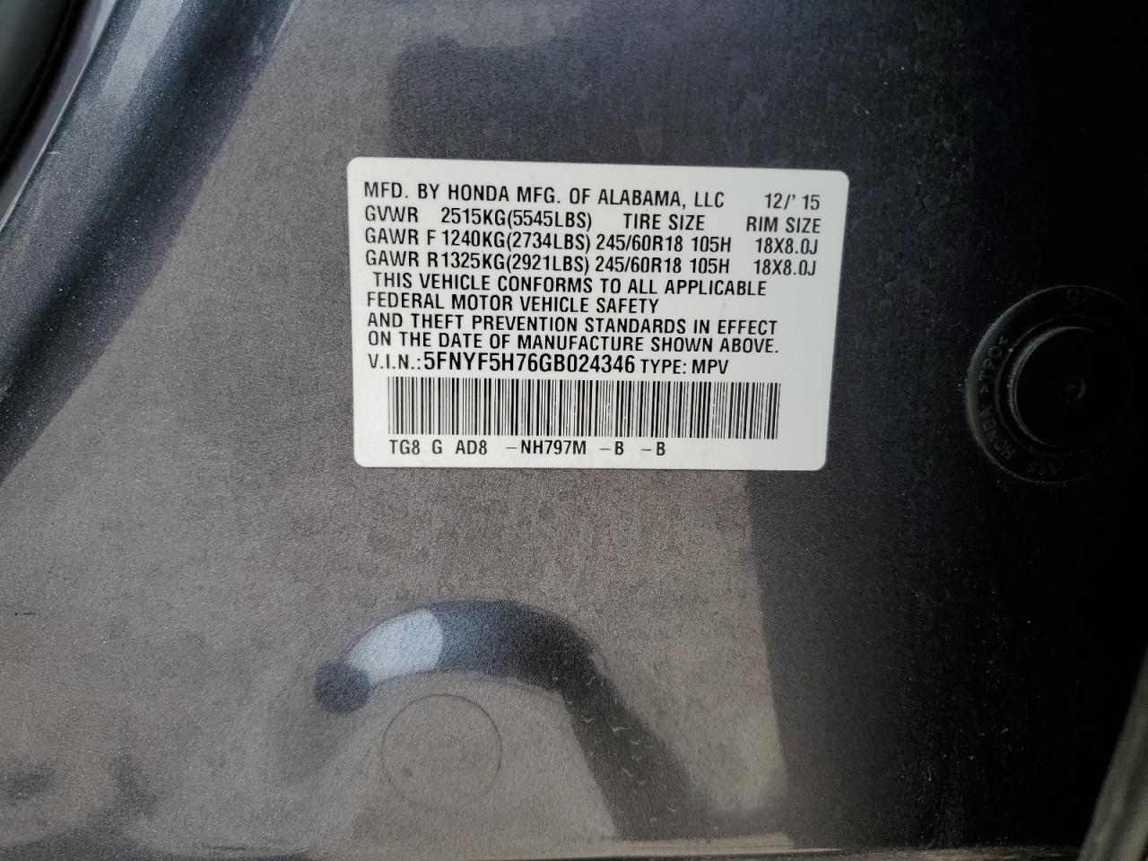 2016 Honda Pilot Exln VIN: 5FNYF5H76GB024346 Lot: 89497815