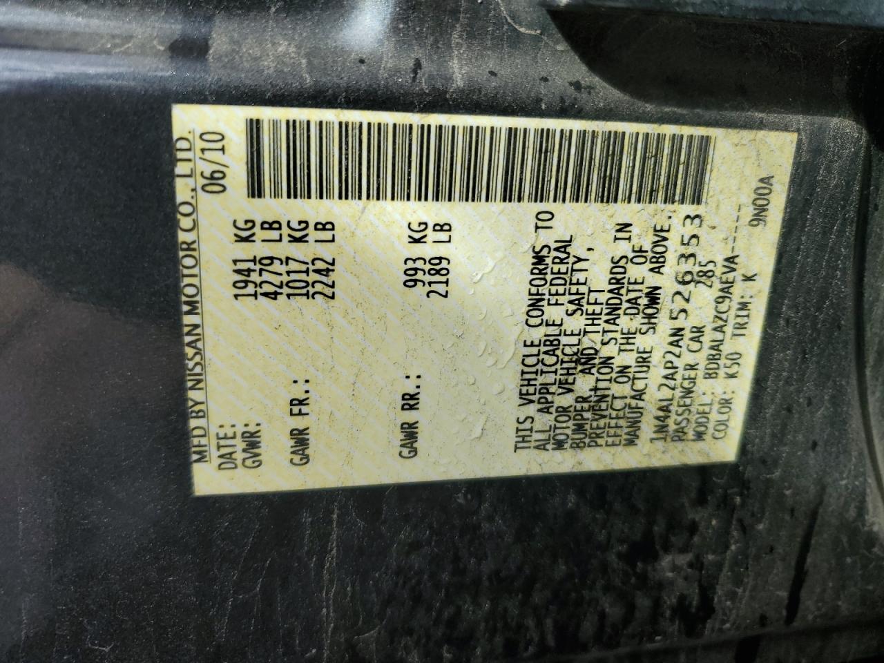 2010 Nissan Altima Base VIN: 1N4AL2AP2AN526353 Lot: 85478235