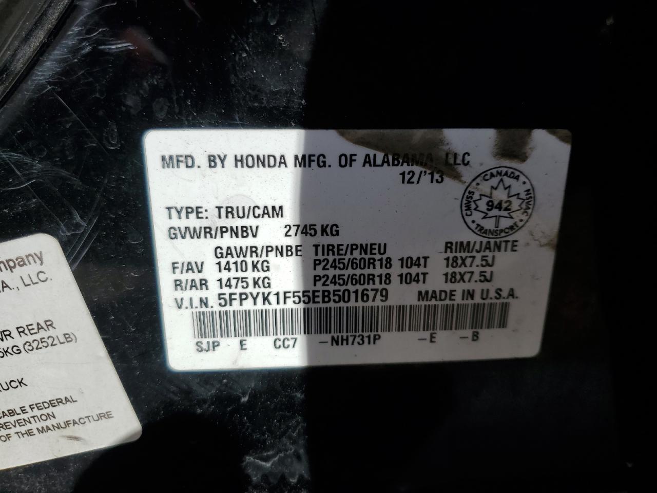 2014 Honda Ridgeline Rtl VIN: 5FPYK1F55EB501679 Lot: 87043775