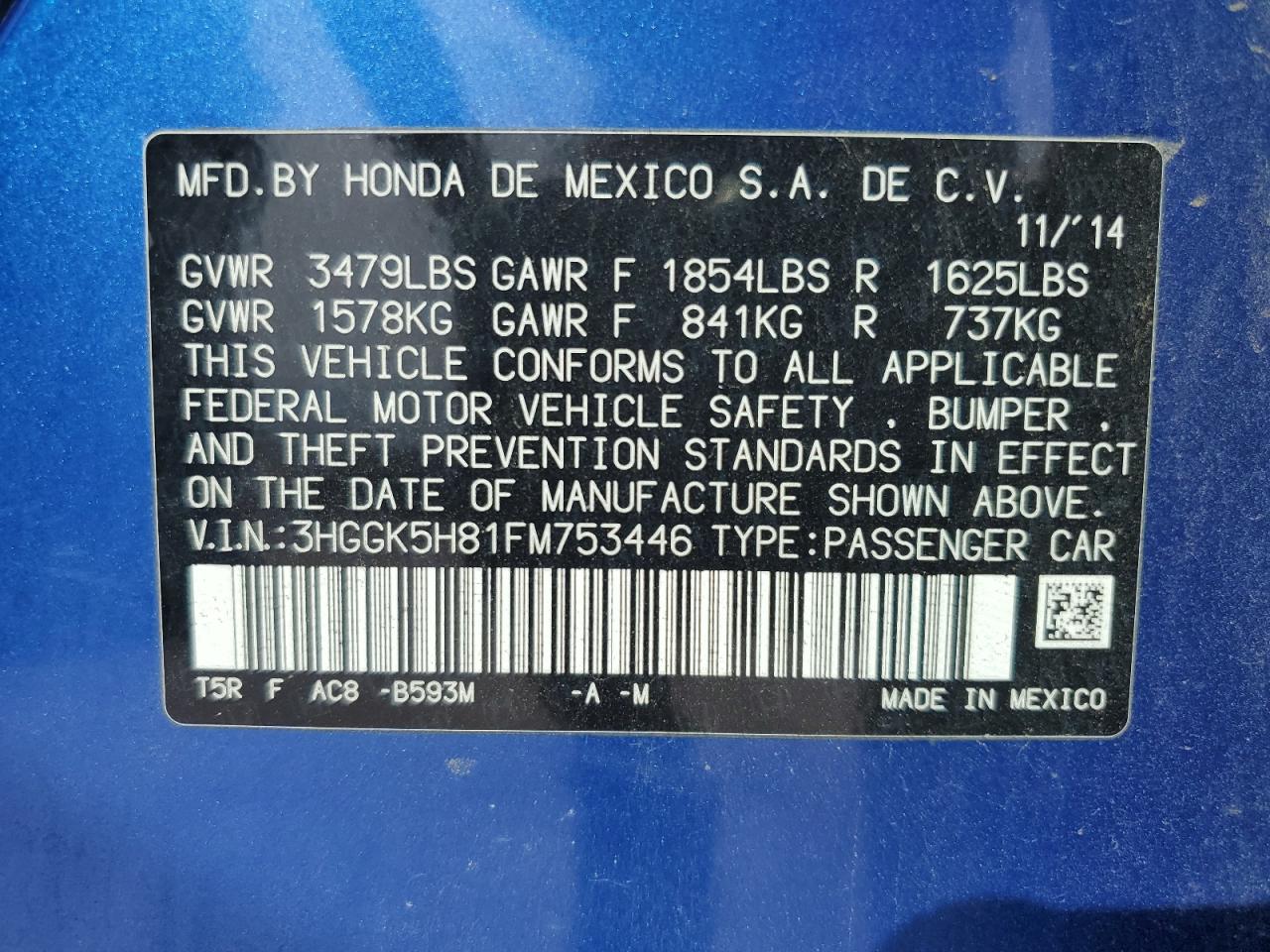 2015 Honda Fit Ex VIN: 3HGGK5H81FM753446 Lot: 85841835