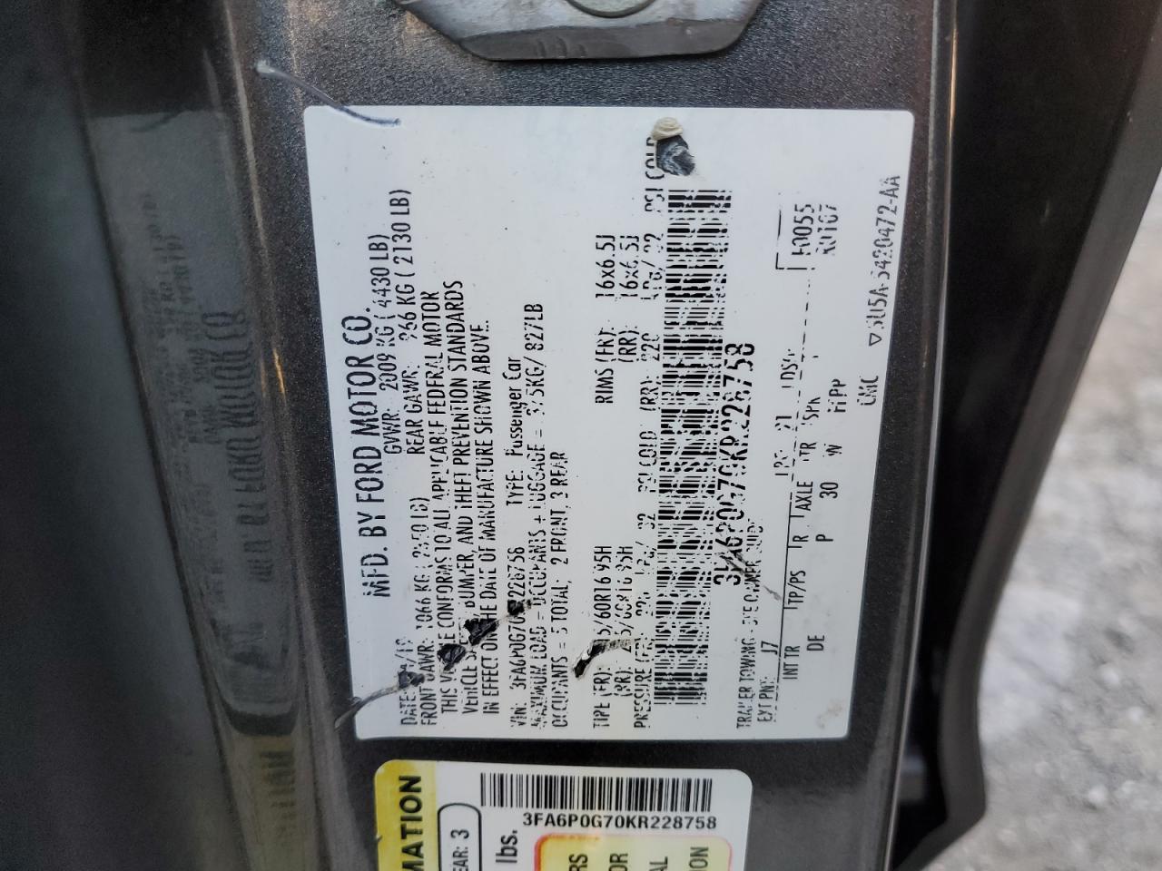 2019 Ford Fusion S VIN: 3FA6P0G70KR228758 Lot: 87441025